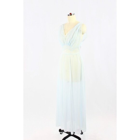 Vintage 60's LUXITE Light Blue Nylon Embroidered Mesh Plunge Slip Dress, Size 34 - Picture 4 of 12